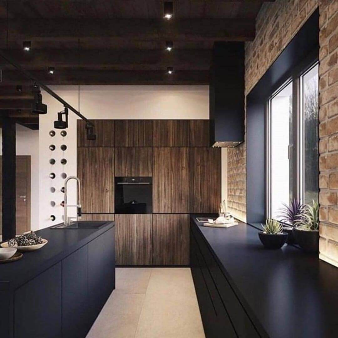 черно-коричневая кухонный лофт-интерьер