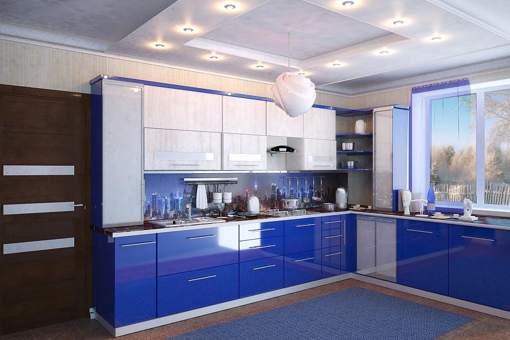 Дизайн кухни с синим потолком