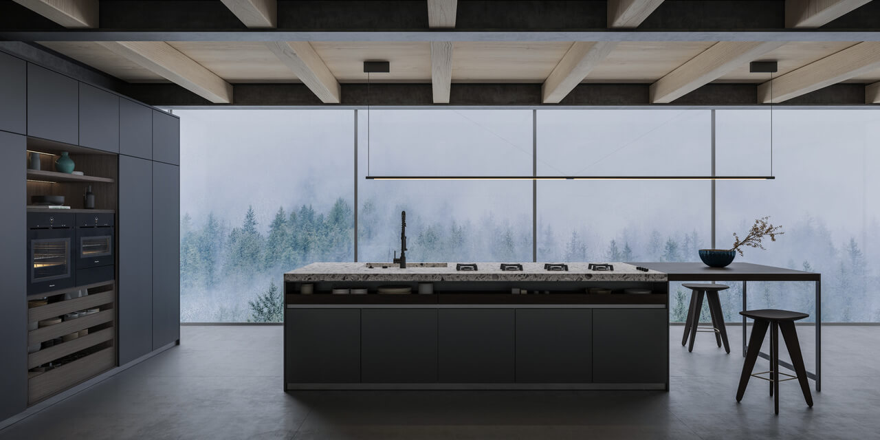 Черная матовая кухня с панорамными окнами