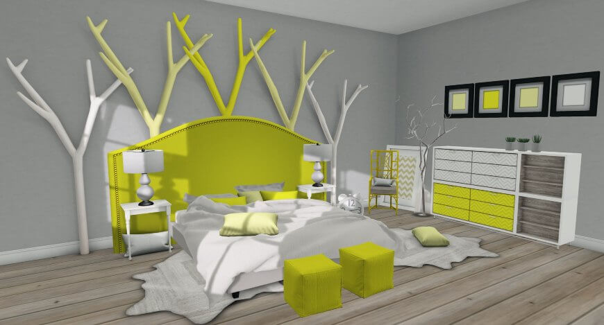 желтая минималистичная спальня 