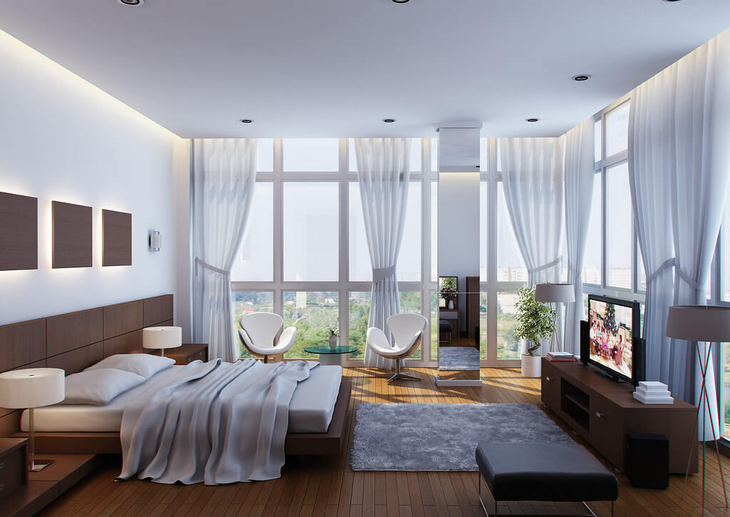 Жемчужные оттенки панорамной спальни