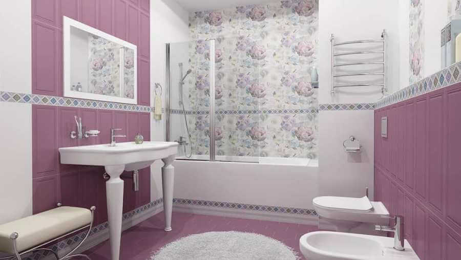 Розовая плитка в ванной в стиле модерн