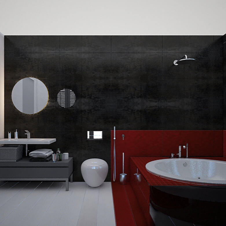 Сочетание черного и красного в интерьере ванной