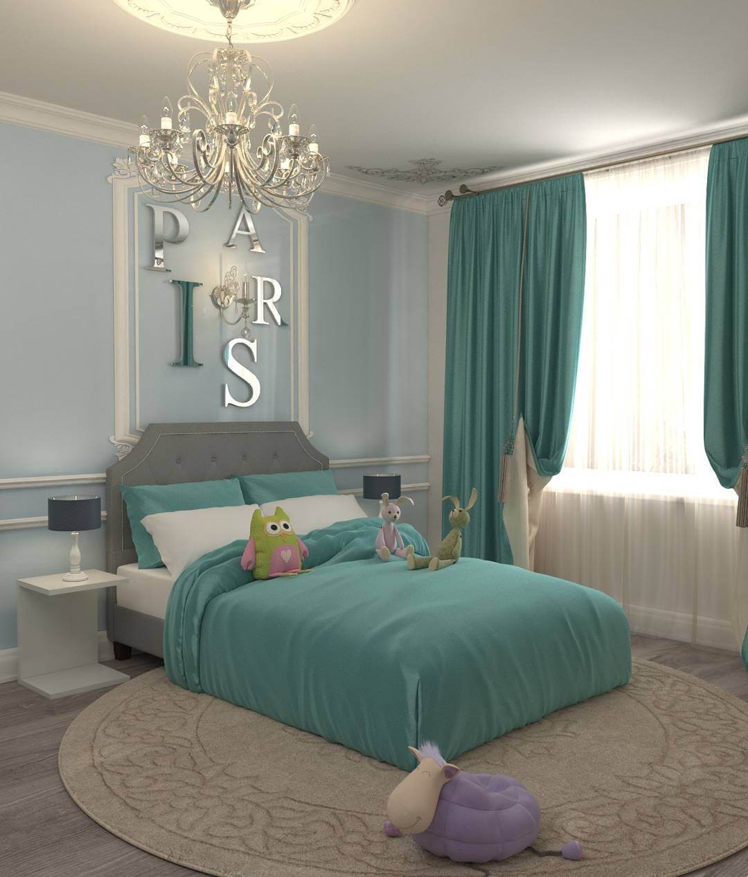 Бирюзово-серый интерьер спальной комнаты