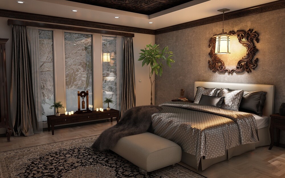 Серо-бежевый интерьер спальни в классическом стиле