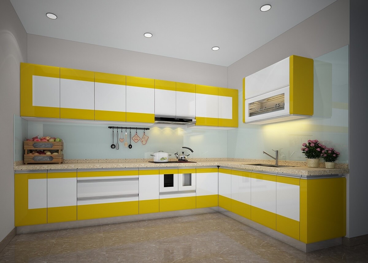 Фото кухни желтого цвета на фоне серых стен