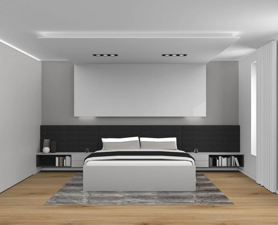 Современный дизайн спальни с бежевым полом