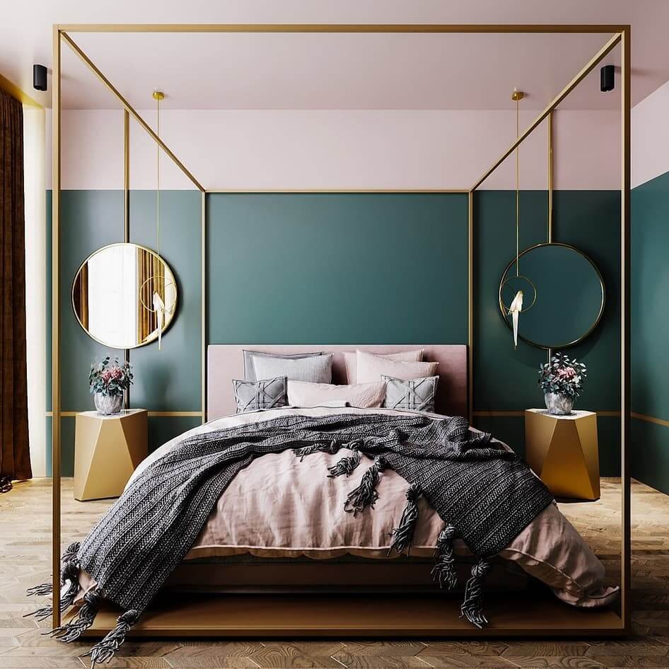 спальня с сине-зеленой стеной 