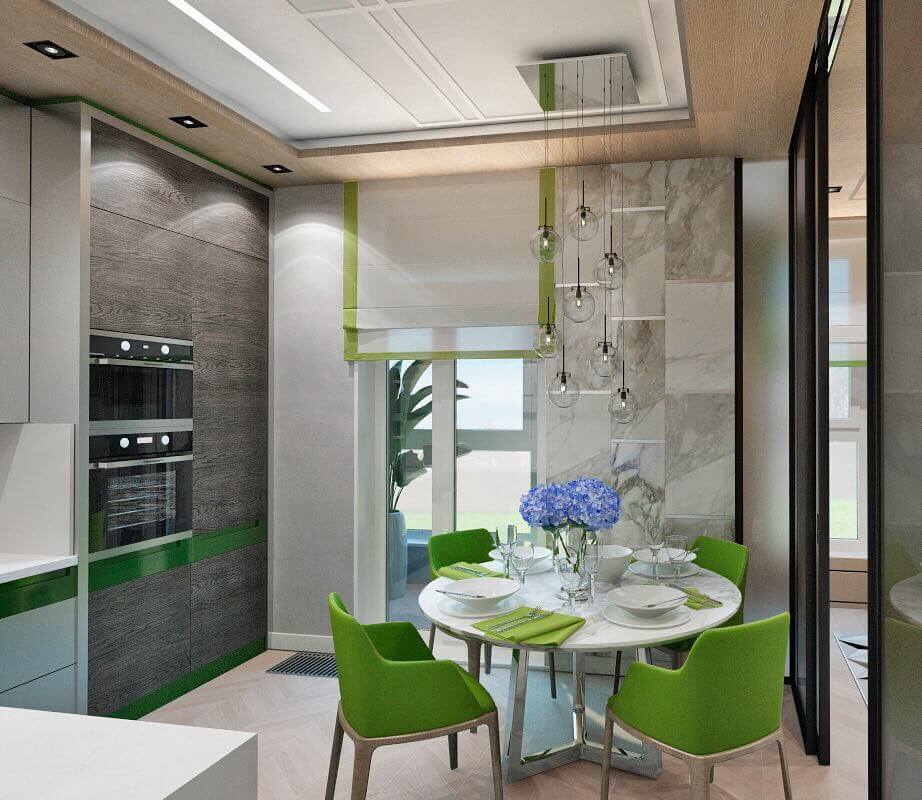 Зеленые кресла в качестве смягчающих акцентов на строгой кухне